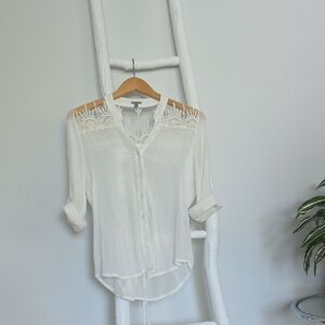 Elegant Sheer White Lace Trim Blouse